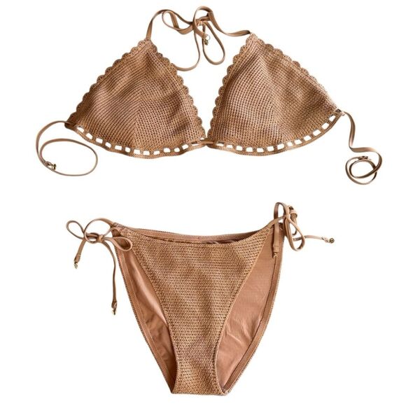 Victoria's Secret Swim Beige Tan Crochet Triangle Bikini Size Large - Picture 2 of 14